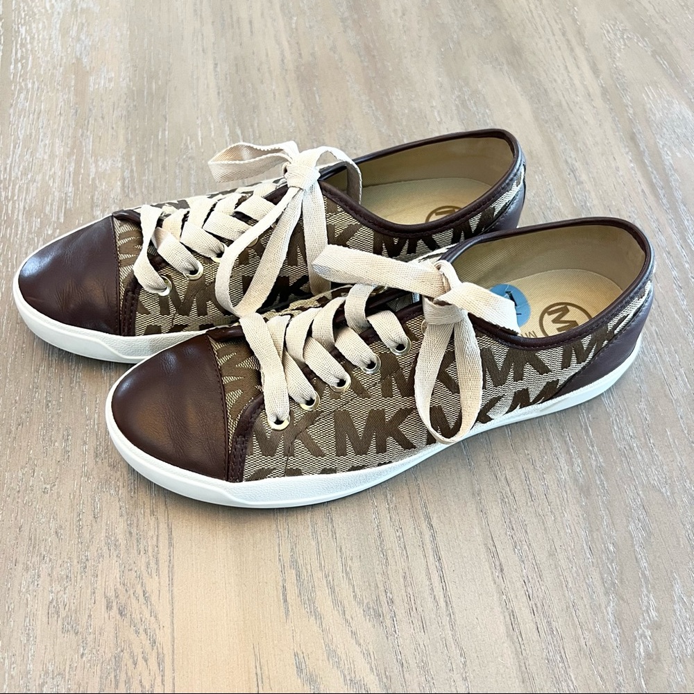 Like New Michael Kors Leather & Canvas Sneakers MK Logo Brown & Tan Size 7.5 - Picture 6 of 12